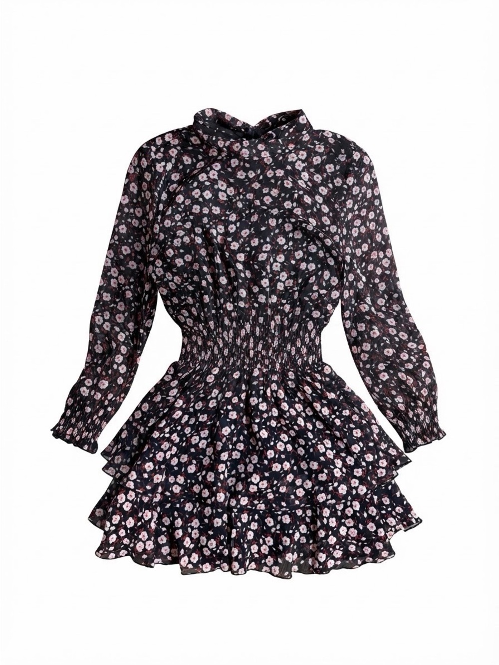 Zara Black Pink Floral Chiffon Long Sleeve Smocked Ruffle Mini Dress XS